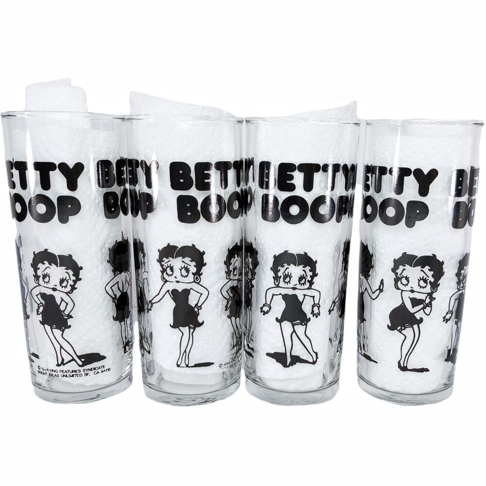 Vintage 1988 Libbey Betty Boop Drinking Glasses Set of 4 Black Tumbler Barware
